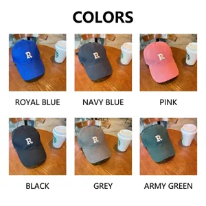 Vista detallada de gorras de béisbol de algodón con logo R bordado en seis colores únicos