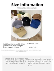 Detailed size chart for baseball cap featuring dimensions, washing guide, and six colors