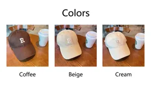 Vista detallada de tres gorras de béisbol marrones y beige con bordado en 3D de la letra R