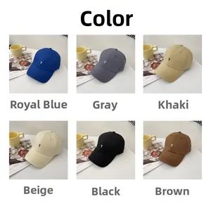 Detailed view of cotton baseball caps in six colors including blue, khaki, and beige
