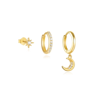 Detail of S925 hallmark on gold star and moon earrings set with sparkling cubic zirconia