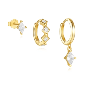 Detailed view of three-piece gold S925 sterling silver earring set with crystals