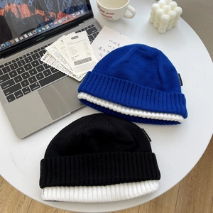 Bonnet en Maille Bleu Klein de Style Japonais pour Hommes Femmes Automne Hiver Chaud Acrylique Bloc de Couleur Tricot à Côtes Quotidien Décontracté Coiffure