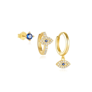 Detailed macro view of S925 sterling silver stamp on gold evil eye earring set