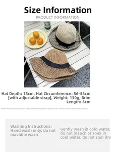 Size guide for sun hat showing 56-58cm circumference and washing instructions