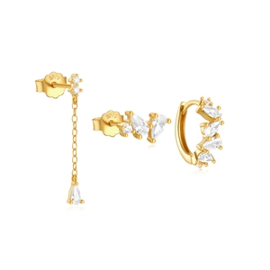 Close-up of S925 sterling silver stamp and sparkling pear-cut crystals on gold earring set