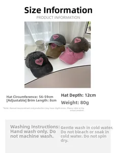 Detail showing adjustable strap and dimensions of embroidered vintage heart baseball cap
