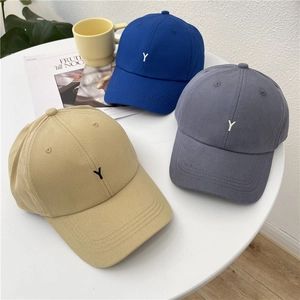 Classic cotton baseball caps with Y embroidery in royal blue, dark gray, and khaki colors