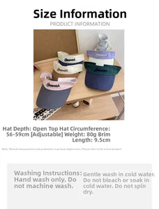Detailed size chart for sun visor hat featuring a 9.5cm long brim and adjustable strap