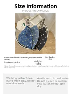 Size guide for denim bucket hat with daisy embroidery showing dimensions and care rules