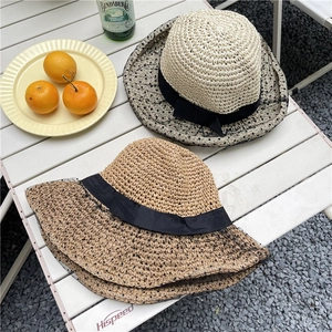Women Elegant Wide Brim Straw Sun Hat With Polka Dot Mesh And Bow Breathable Foldable Straw Hat For Beach Summer Outdoor Travel