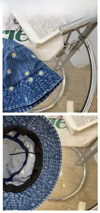 Detail of washed denim bucket hat with daisy embroidery and inner sweatband construction
