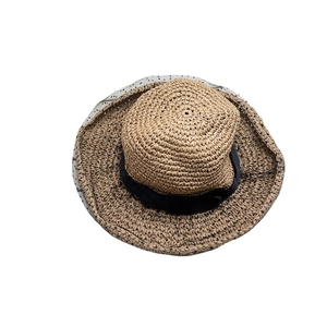 Straw sun hat for women with black ribbon and polka dot mesh lace detailing