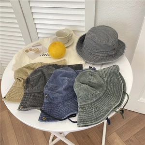 Vintage Washed Cotton Bucket Hat Wide Brim Sun Protection Outdoor Fishing Hat With Adjustable Drawstring For Men Women