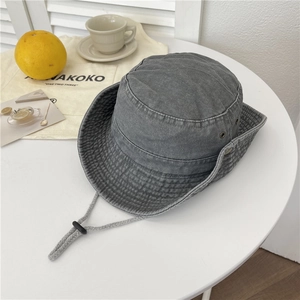 Dark grey washed cotton wide brim cowboy bucket hat with adjustable windproof drawstring