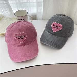 Pink and charcoal vintage washed cotton baseball caps with heart embroidery for women