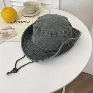 Vintage washed wide brim cowboy bucket hat in charcoal grey with adjustable drawstring