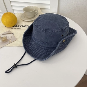 Retro washed denim wide brim western cowboy hat with adjustable black windproof chin cord