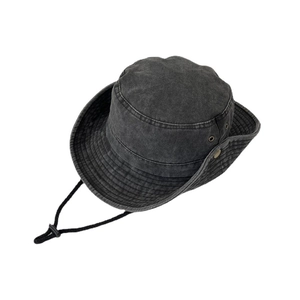 Retro washed black denim wide brim sun hat with windproof rope and metal eyelets