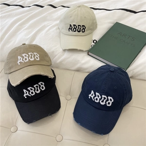 Distressed baseball caps with A8D8 pixel embroidery in beige, khaki, black, and navy blue