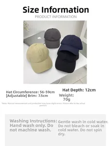 Quick-dry baseball cap size chart showing brim length and adjustable head circumference