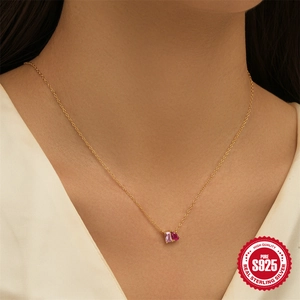 Elegant S925 sterling silver necklace with pink square and red water drop zircons