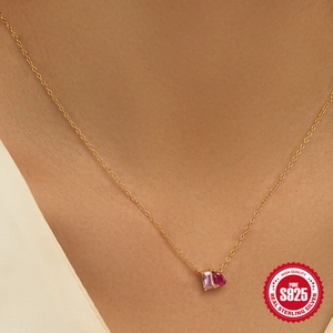 S925 sterling silver necklace with square pink and teardrop red zircon pendants