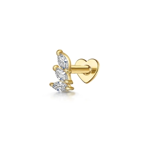 Close-up of gold labret earring with marquise marquise crystals and heart-shaped flat back