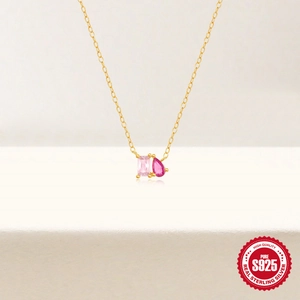 Elegant S925 sterling silver necklace with pink square and teardrop zircon pendants
