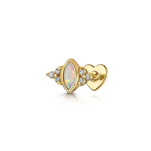 Detail of gold labret stud with marquise opal, side diamonds, and heart back flat disc