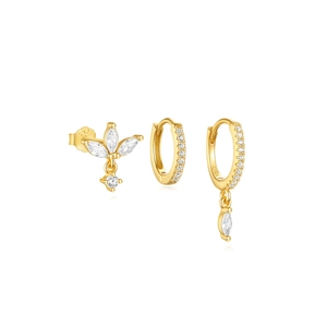 Détails de trois boucles d'oreilles en argent S925 doré avec zircons et poinçon S925