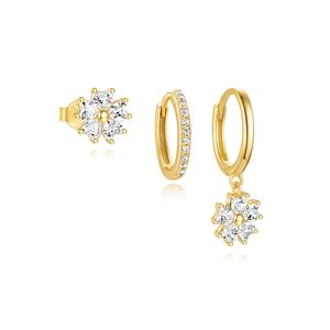 Parure de trois boucles d'oreilles en argent S925 doré avec zircons en forme de coeur