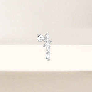 Detail of S925 sterling silver lotus labret with marquise-cut marquise-cut zircons