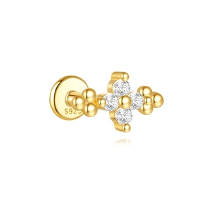 Macro detail of S925 sterling silver cross cartilage stud with white zircon inlay