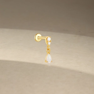 Macro view of S925 sterling silver clover stud earring with zircons and white opal stone