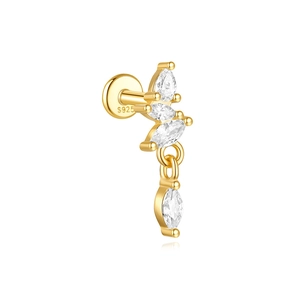 Close-up of golden S925 silver lotus stud earring with marquise zirconia pendants