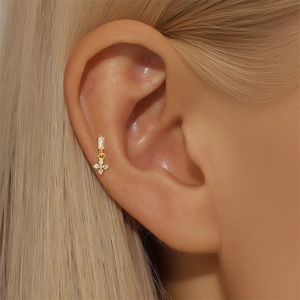 Detailed view of S925 silver gold stud earring with zircon pendant on a model ear