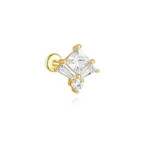 Detail of s925 gold silver clover stud earring with zircons and threaded flat back design