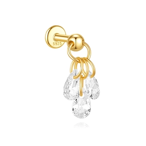 Close-up of S925 silver gold-plated lotus stud with three sparkling zircon teardrops