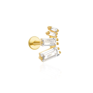 Detailed side view of a gold-plated labret stud with four rectangular cubic zirconia