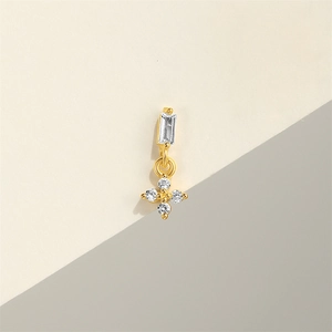 Detail of gold-plated S925 silver earring with rectangle and cross zircon pendants