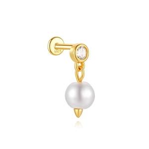 Macro detail of S925 sterling silver ear stud with flat back, zircon, and pearl drop