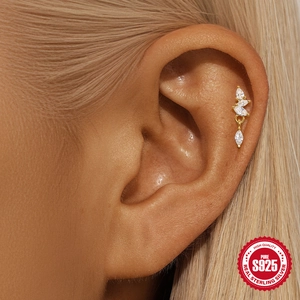 S925 sterling silver lotus cartilage stud with marquise cubic zirconia on ear