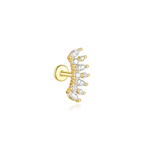 Close-up of golden lotus cartilage stud with marquise and round cut zirconia stones