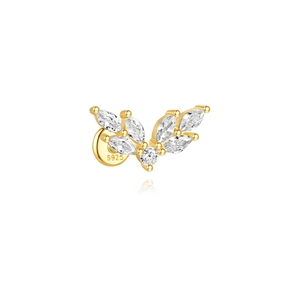 Detailed close-up of S925 sterling silver gold-plated leaf earring with marquise zircon stones