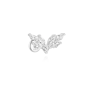 Macro view of S925 sterling silver earring with marquise-cut zircons and leaf design