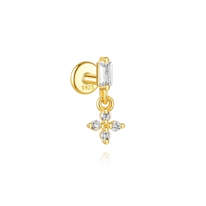 Detail of S925 sterling silver gold-plated stud earring with zircon flower and rectangular stone