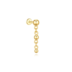 Detail of a gold-plated S925 silver labret earring with a triple bead hanging chain
