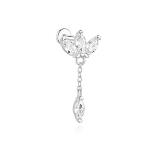 Close-up of S925 sterling silver ear bone stud with marquise zircon fringe tassel details