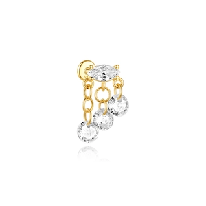 Detail view of S925 hallmark on gold-plated silver tassel earrings with marquise zircon